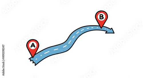 Road map with markers A and B illustrating concept of travel  