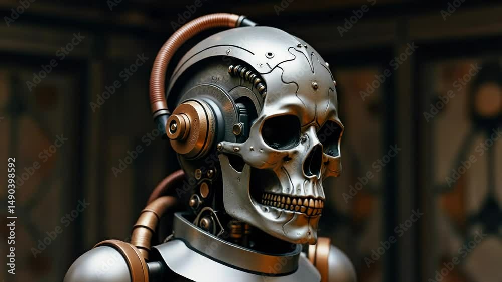 Futuristic mechanical skull with exposed wiring and metal components, Steampunk-inspired