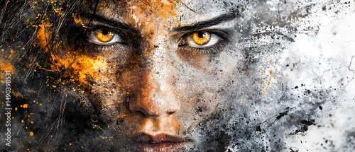 Ethereal portrait of a woman with vibrant amber eyes and abstract textures