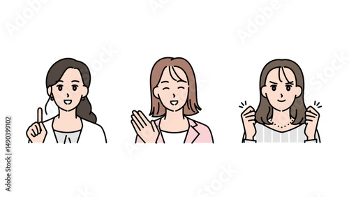 モチベーションに溢れる3人の女性のイラストセットA2