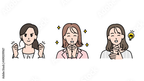 モチベーションと笑顔あふれるビジネス女性3人のイラストセットA2