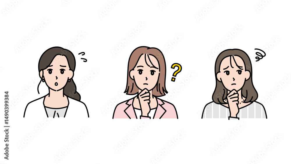 Naklejka premium 戸惑う・悩む・考えこむ3人の女性の表情セット（ビジネスシーン）A2