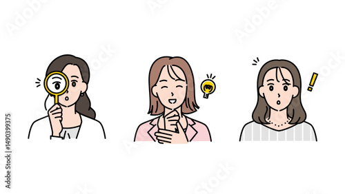調べる・ひらめく・驚くリアクションをする表情豊かな女性3人のイラストセットA2