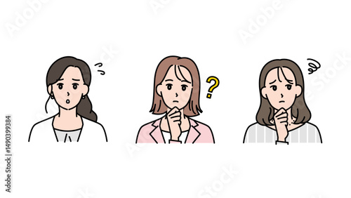 戸惑う・悩む・考えこむ3人の女性の表情セット（ビジネスシーン）A2