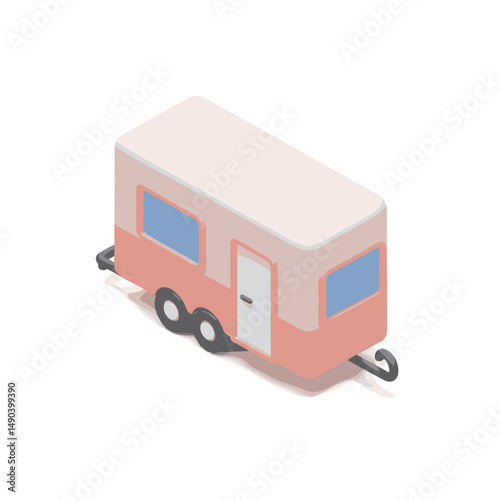 Isometric illustration of a pink caravan trailer with wheels  