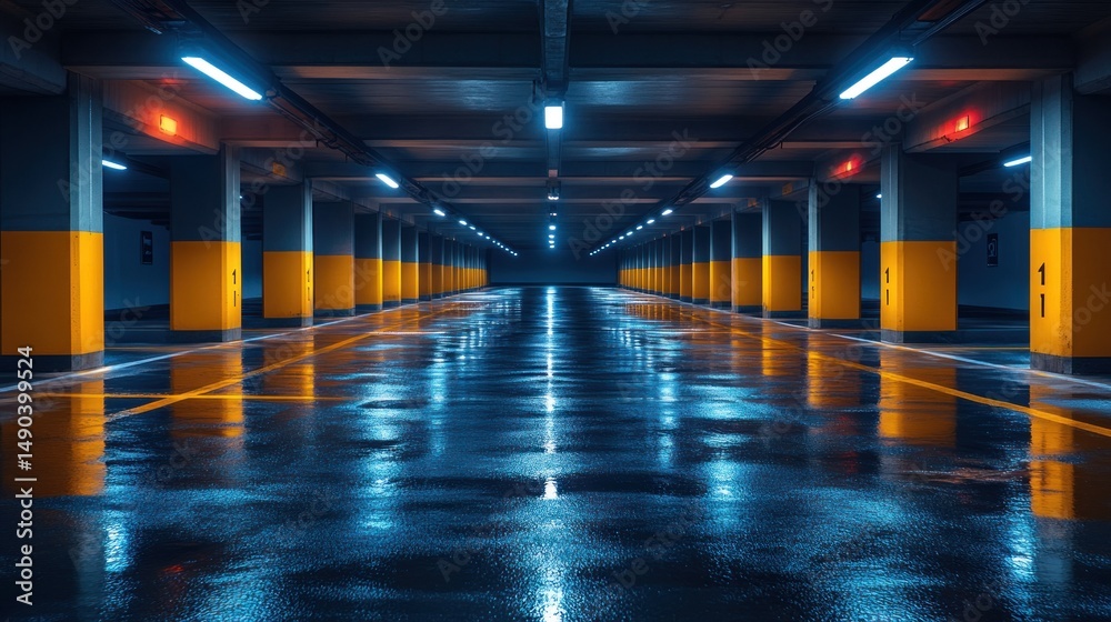 Fototapeta premium Underground Parking Garage: Neon Lights and Wet Floor