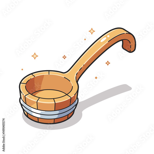 Wooden ladle with metal band in hand-drawn style and bright colors  