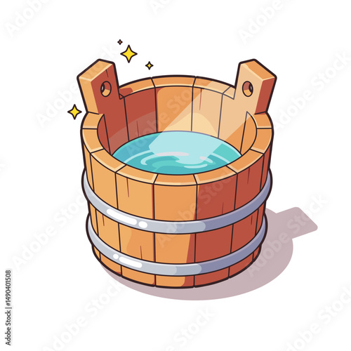 Wooden water bucket with sparkling water and a clean appearance  