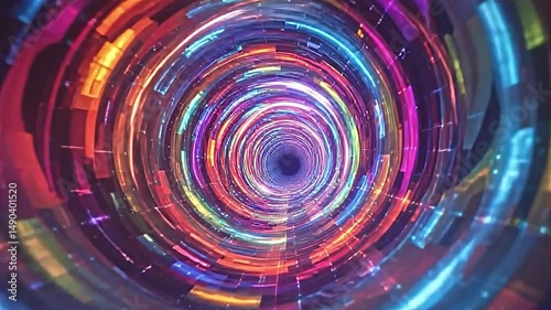 flying in a vortex of color changing waves, optical illusions forming as the tunnel rotates, vibrant shapes morphing and blending, immersive soundscapes creating an audio visual experience