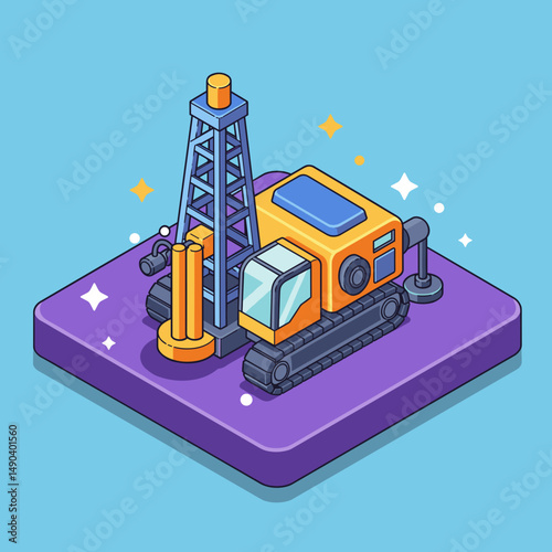 Isometric oil drilling rig machinery on purple platform with stars  