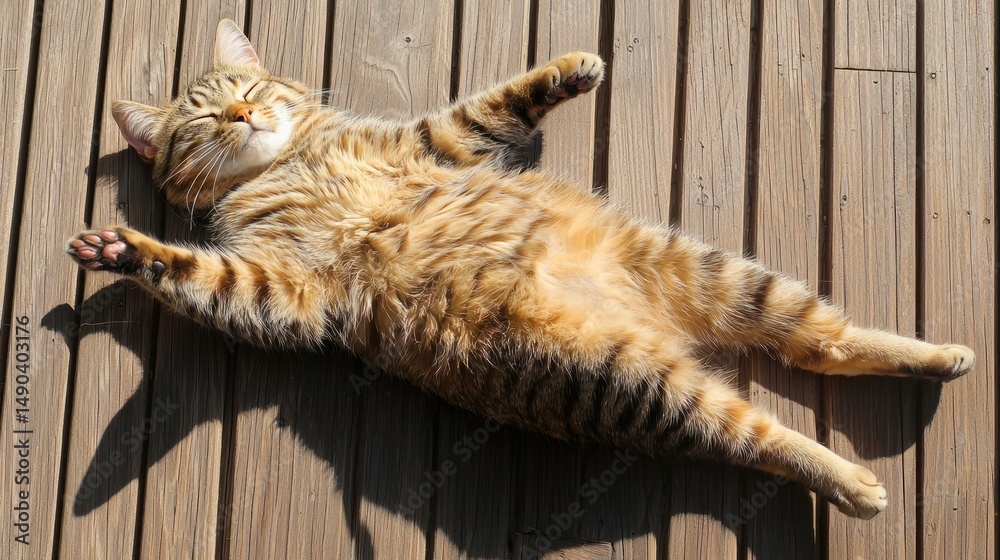 Fototapeta premium A cat lazily sunbathing on a warm wooden deck
