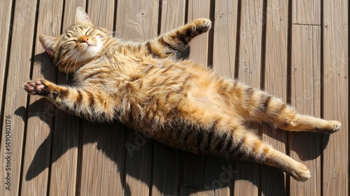A cat lazily sunbathing on a warm wooden deck