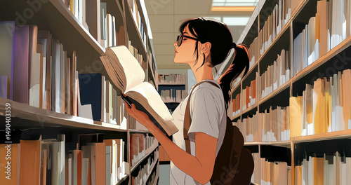 Young student using hologram technology and artificial intelligence to search for a book in the library. Generated image