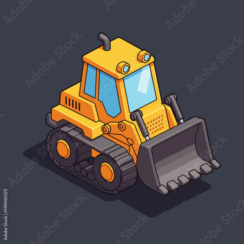 Yellow bulldozer with a bucket on dark background in flat design  