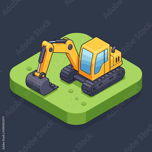 Yellow excavator on green ground in a flat design style  