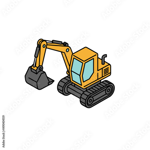 Excavator machine in yellow color with tracks and articulated arm  