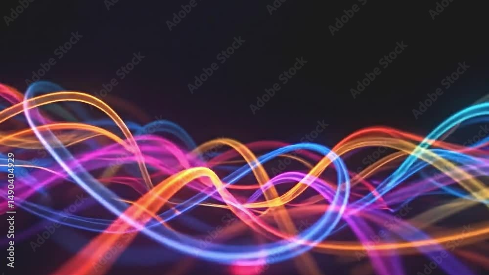 infinite loop of neon ribbons, shimmering against a dark background, blending colors and patterns into a fluid motion, hypnotic effect with a modern touch, immersive art piece high resolution