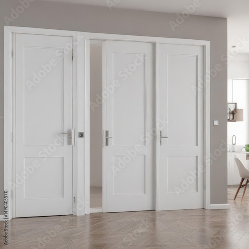 Modern white wooden interior doors, various open/closed positions  ,  door collection,  hinge,  sleek