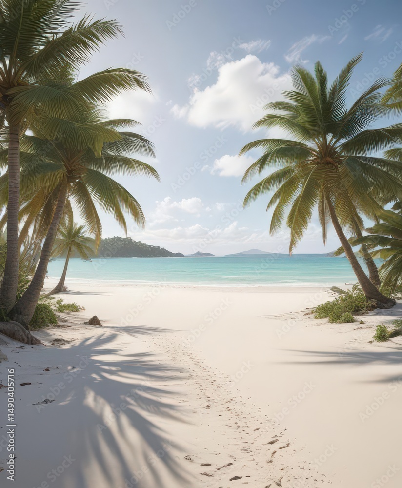 Fototapeta premium Soft white sand, palm trees framing distant island, palm trees, bright, exotic
