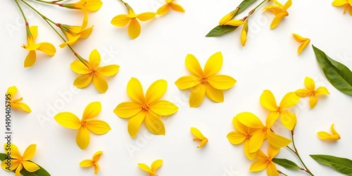 Vibrant yellow ylang ylang blossoms arranged flat lay on white background, Asian flora postcard style, stock photo, illustration