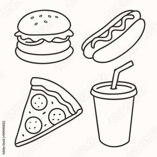 Line style fast food icon set including a hot dog, hamburger, soda cup with a straw, and a slice of pepperoni pizza. Simple outline style American fast food theme.