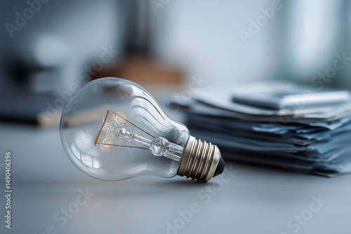 Single light bulb lying unplugged on a plain desk next to a stack of unpaid bills.