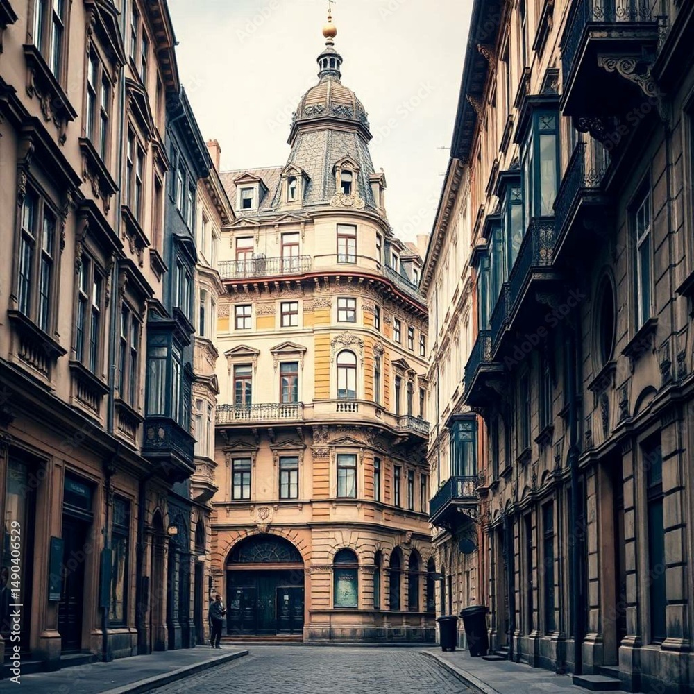 Obraz premium High-resolution stock photo A vintage city street, featuring older buildings with ornate details and cobblestone streets.