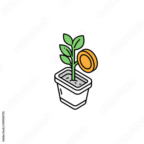 Plant growing in pot with coin symbolizing investment concept of travel  