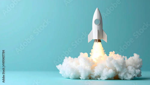 White Rocket Launching Through Colorful Smoke and Clouds on a Blue Background