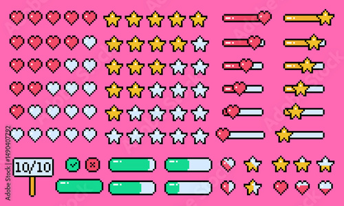 Pixelated of game interface elements. Star and love ratingg pixel icon set. Vectorr illustration