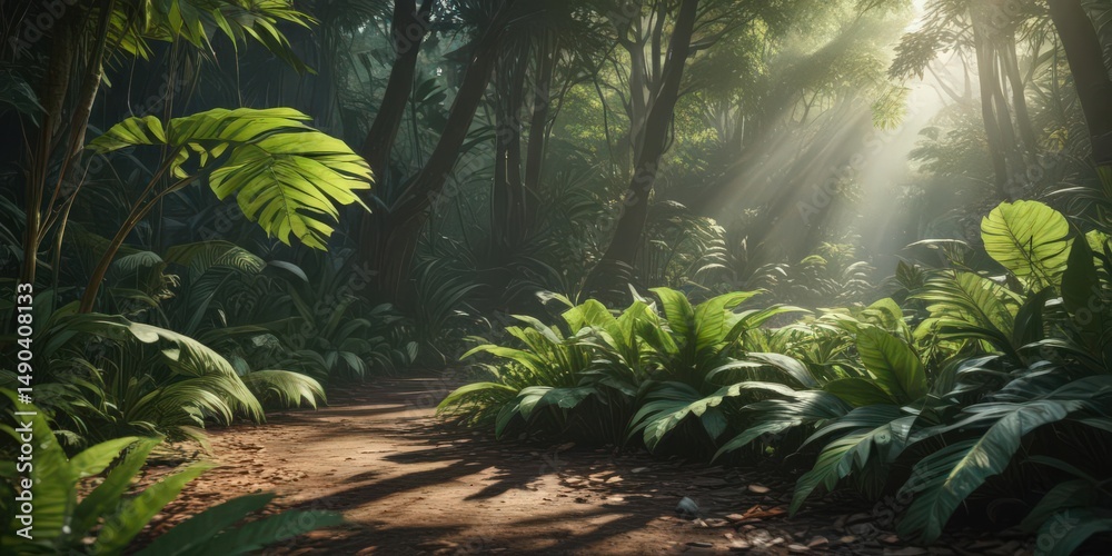 Naklejka premium Sun-dappled forest floor, thick tropical leaves , dark green, humid, greenery