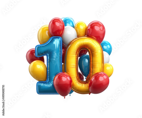 A vibrant arrangement of colorful balloons surrounds large number ten on a transparent background, cut out