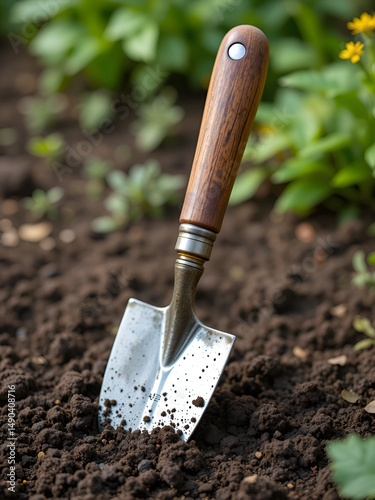 A sturdy, wooden-handled garden trowel with a metallic blade for digging and planting. Perfect for home gardening tasks.