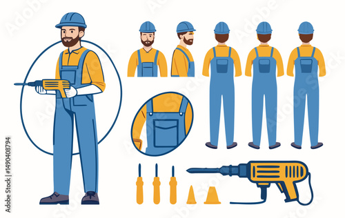 Industrial maintenance worker wearing helmet, overall uniform holding drill tool. Character for animation. Front, side and back view set. Body parts, postures, poses