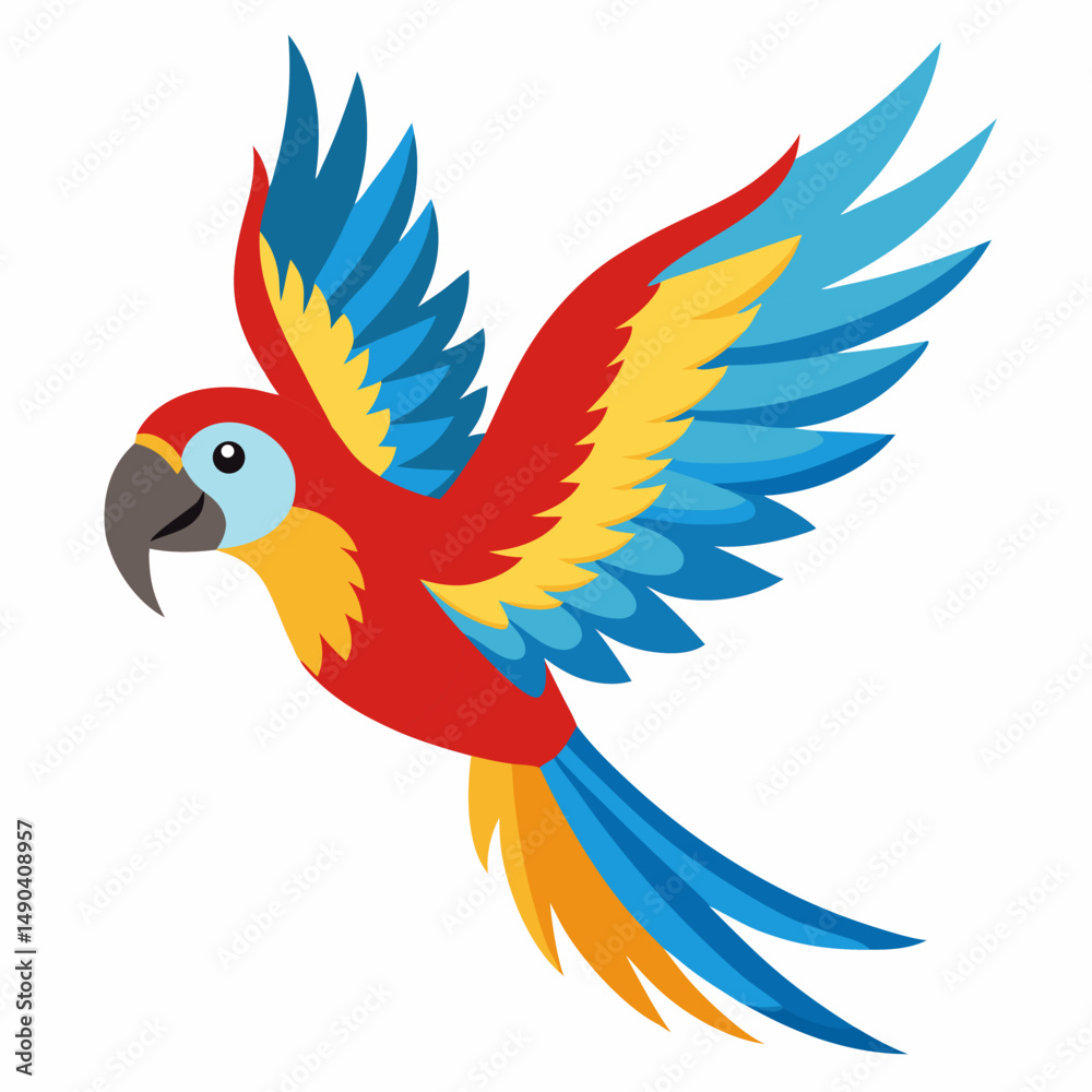 Obraz premium Cute cartoon flying colorful macaw parrot isolated on white background. Suitable for educational poster, logo, children's books and encyclopedias. Children's picture. Vector illustration.Side view 