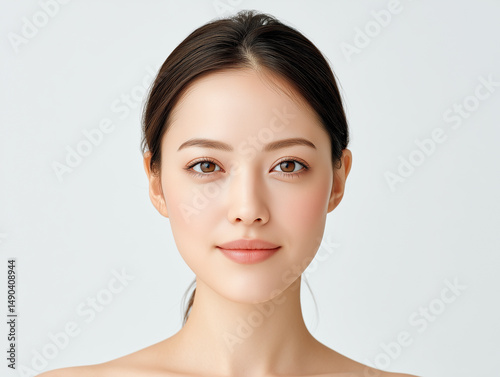 肌が美しい若い日本人女性のナチュラルビューティー写真（透明感・白背景）