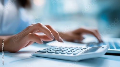 Hands using calculator,  laptop in background.
