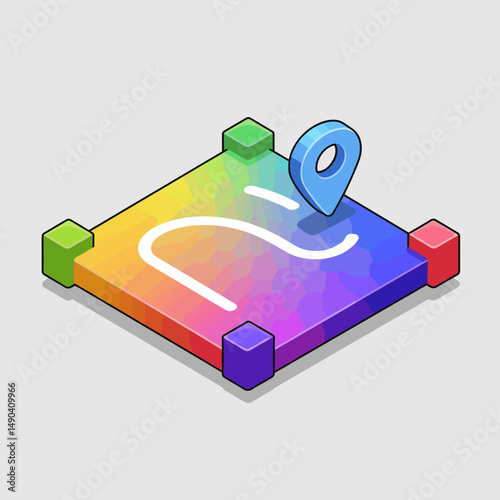 Colorful isometric map with location marker and abstract design  