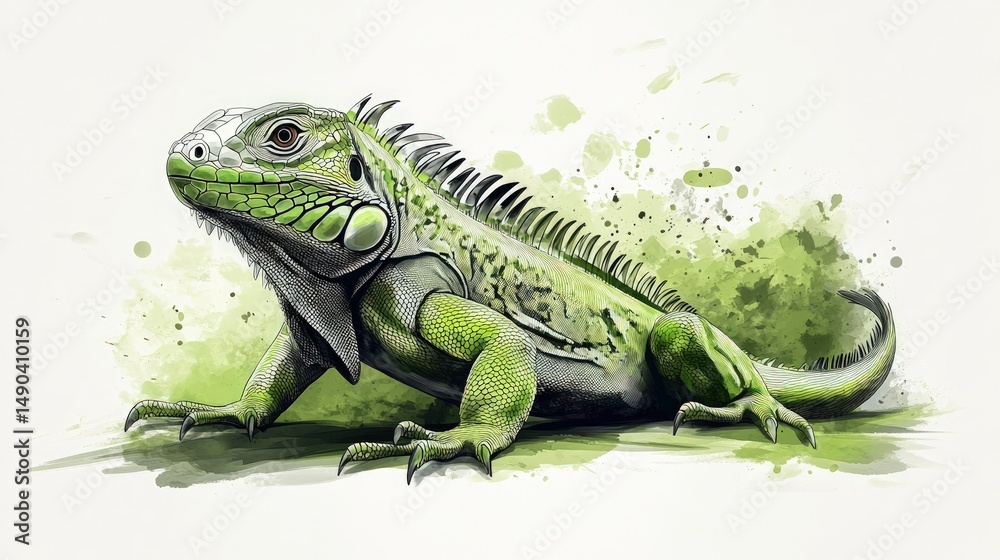 Obraz premium Detailed illustration of a vibrant green iguana