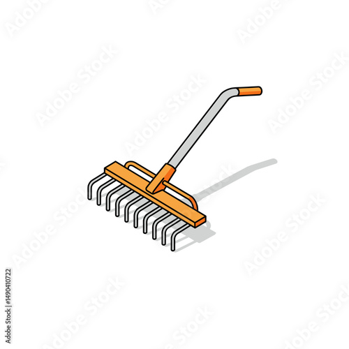 Hay rake tool with metallic tines and orange handle on white background  