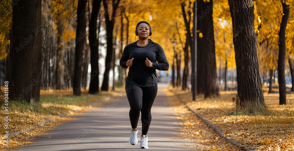 Fototapeta premium Tired African woman running outdoors in a city park on a crisp autumn morning with headphones on. Generated image