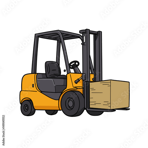Forklift transporting a wooden box in industrial style  