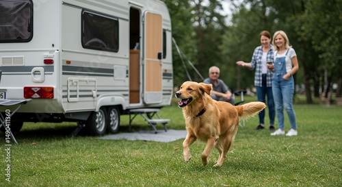 Golden Retriever Running on Lawn Near Camper and People