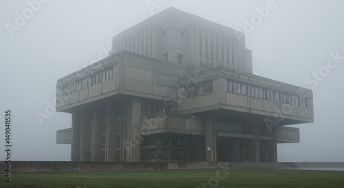 Brutalist Architecture in Dense Fog Mysterious and Unsettling Atmosphere