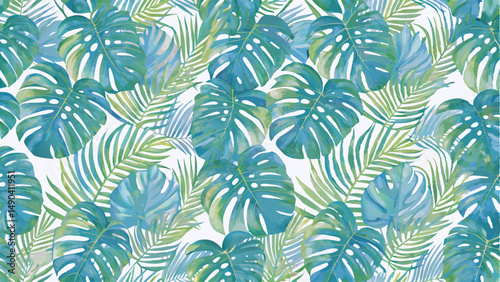A vibrant tropical leaf pattern with teal and green hues. A seamless pattern featuring various tropical leaves, including monstera and palm fronds, in shades of teal and green.