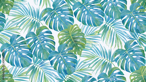 Vibrant Tropical Leaf Pattern Seamless Design. This seamless pattern showcases a variety of tropical leaves, including monstera and palm leaves, in a mix of teal, turquoise, and green tones.