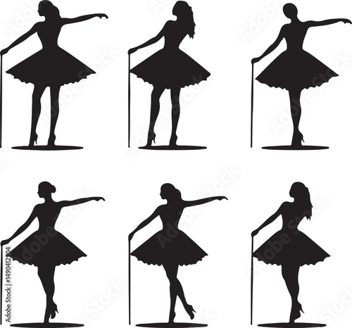 Silhouette Ballerina Dancer Poses Vector Art: Elegant Black & White Ballet Figures with Tutus and Dance Barre Illustrations Collection