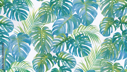 Vibrant Tropical Leaf Pattern on White Background. A beautiful seamless pattern featuring various tropical leaves, including monstera and palm leaves, in shades of teal, turquoise, and lime green.