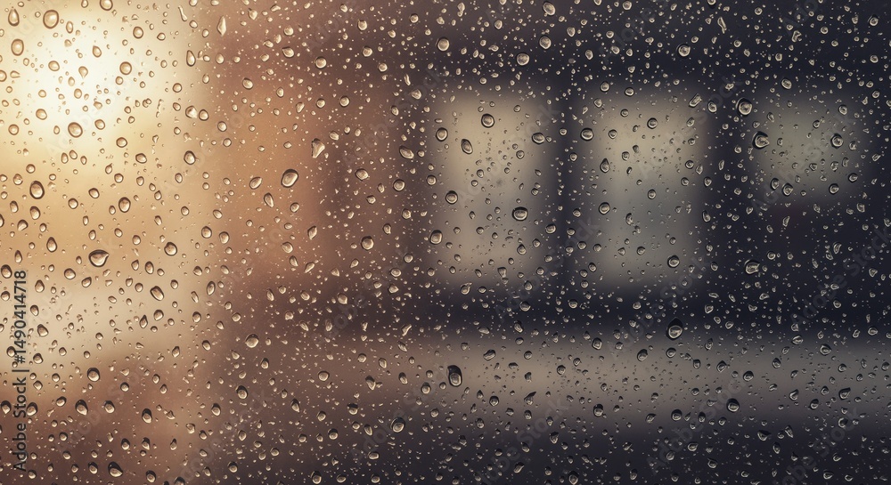 Fototapeta premium Closeup of raindrops on windowpane with blurred indoor background 