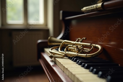 A golden trumpet rests gently on the ivory keys of a vintage upright piano, bathed in the soft light filtering through a nearby window, creating a serene and musical atmosphere.